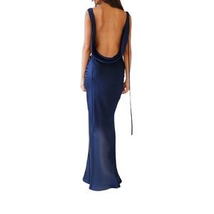 Satin Navy Backless Formal Dress